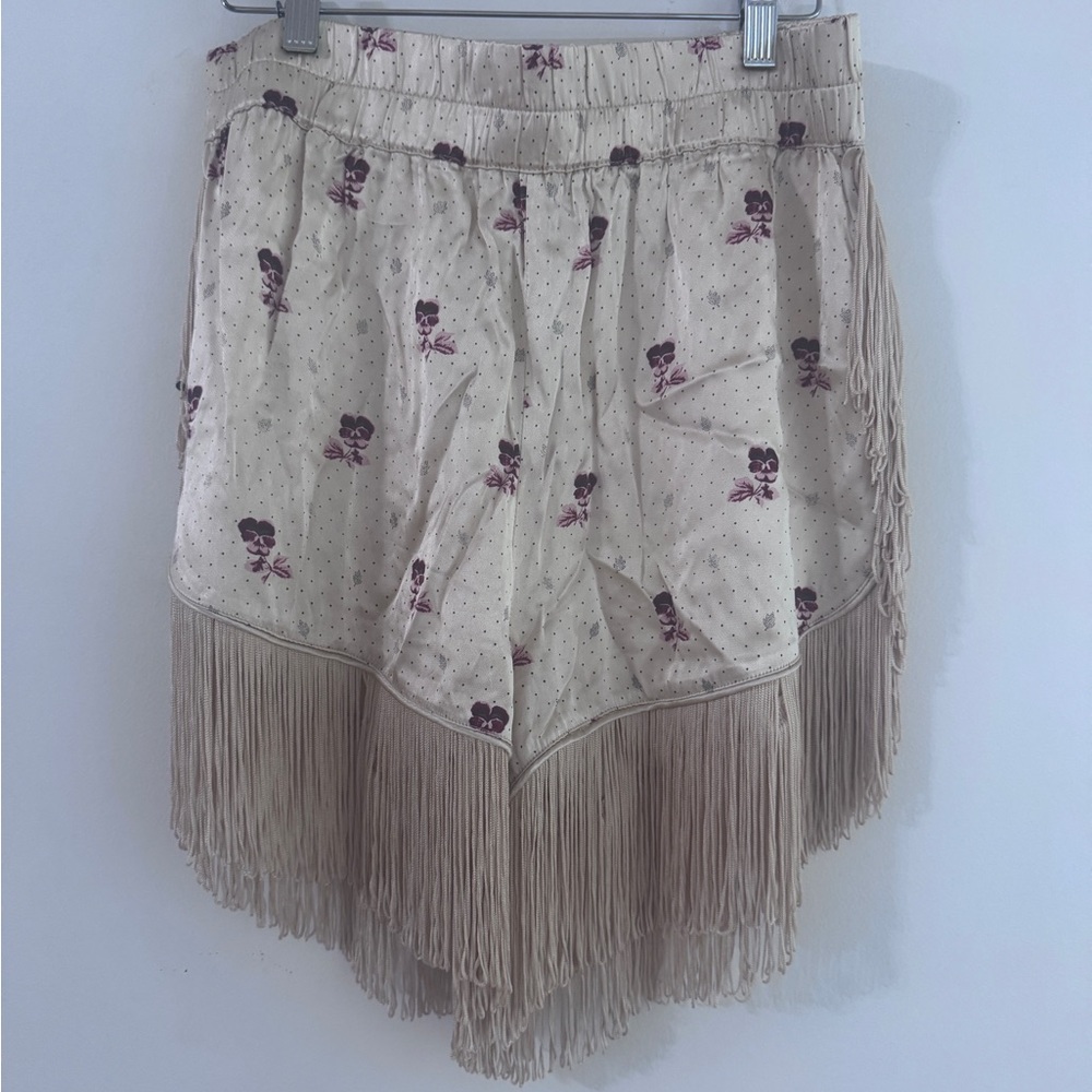 Ganni Cream Skirt with Floral Accents and Fringe.